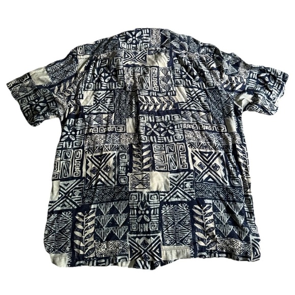 Carribean Silk Blend Hawaiian Shirt Mens L Blue White Geometric Beach Button Up - Picture 3 of 3